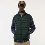 Chaleco tipo puffer de color verde oscuro, con cierre frontal completo, cuello alto y diseño acolchado horizontal.