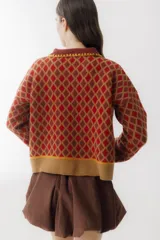 Buzo de tejido de punto con diseño de rombos en tonos beige y marrón. Presenta cuello polo con cierre frontal de tres botones, mangas largas con puños acanalados y ruedo también acanalado.