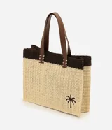 Cartera de playa Bossa Nossa de formato rectangular, confeccionada en papel trenzado con diseño bicolor en beige y marrón oscuro. Cuenta con asas de hombro de material sintético marrón, detalles de costuras decorativas y un bordado frontal de una palmera.