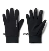 Guantes deportivos Columbia en color negro, con tecnología de aislamiento térmico. Presentan un diseño con palma texturizada para mejor agarre, puntas de los dedos compatibles con pantallas táctiles y un pequeño gancho metálico en la muñeca para sujeción.