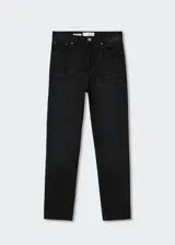 Jeans mom-fit de tiro alto color negro, confeccionados en mezcla de algodón y elastano con diseño de cinco bolsillos, trabillas y cierre frontal de cremallera y botón.