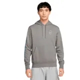 Canguro gris con capucha y cordones ajustables, bolsillo tipo canguro y logo de Nike bordado en el pecho.