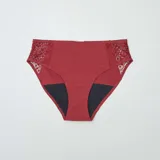 Braguita menstrual negra de flujo ligero, con paneles laterales de encaje floral.