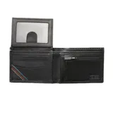 Billetera de cuero negro con costuras decorativas en azul, naranja y amarillo en la esquina inferior derecha. Cuenta con protección RFID.