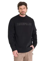 Buzo negro Caterpillar de cuello redondo, con el logotipo de la marca estampado en el pecho en tono oscuro y costuras acentuadas en las mangas.