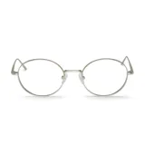 Lentes de lectura con armazón metálico plateado de diseño redondo y estilo minimalista.