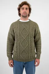 Buzo de lana merino con diseño de tejido trenzado en el frente, cuello redondo y puños acanalados. Presenta un acabado jaspeado en tonos verdes y una etiqueta decorativa en la parte inferior.