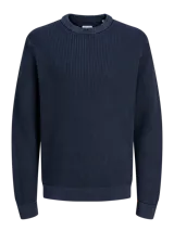 Sweater de punto Jack & Jones, color azul marino, con cuello redondo y diseño de manga larga con puños y ruedo acanalados.