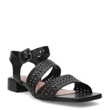 Sandalias de cuero negro Bottero, con tiras delanteras múltiples y tira en el tobillo con hebilla, todas con diseño calado. Presentan taco bajo cuadrado y puntera cuadrada.