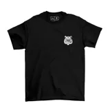 Remera negra de algodón con estampa pequeña de un tigre en el pecho y estampa grande en la espalda con diseño gráfico inspirado en la banda Royal Blood.