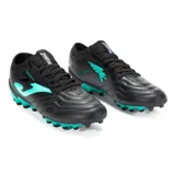 Championes de fútbol Joma Powerful 2501, color negro con detalles en turquesa. Diseñados para césped natural duro, con capellada de material sintético PVC, lengüeta liviana, cordones clásicos y talonera EXO COUNTER.