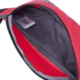 Riñonera Caterpillar color rojo con logo negro estampado en el frente y correa ajustable con hebilla.