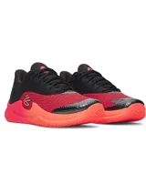 Championes de básquetbol Under Armour Curry Splash 26, con diseño bicolor en negro y rojo vibrante. Presentan capellada de tejido transpirable con refuerzos de TPU, cuello acolchado para mayor soporte y suela de goma resistente con tecnología de amortiguación reactiva UA HOVR.