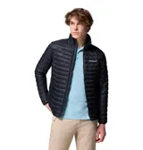 Campera Columbia modelo Powder Pass Hybrid de color negro, con diseño acolchado tipo puffer en el frente y la espalda, y paneles laterales lisos de tejido elástico. Cuenta con cierre frontal completo, cuello alto y logo de la marca bordado en el pecho.