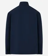 Campera bomber azul marino para hombre, confeccionada en sarga de algodón sostenible. Tiene cuello alto, cierre abotonado, bolsillos cargo con solapa y puños elásticos.
