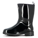 Bota de lluvia de caña media, color negro con acabado brillante. Presenta suela de goma con relieve antideslizante y etiqueta de la marca en la parte superior frontal.