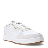 Championes urbanos Puma Court Classic Lux SD, color blanco con detalles en gris y dorado, confeccionados en cuero y gamuza, con logo de Puma en el lateral y suela de goma color caramelo.