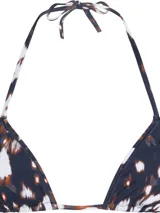 Top de bikini triangular con estampado abstracto en tonos negro, marrón y blanco. Se ata al cuello y a la espalda con tiras finas.