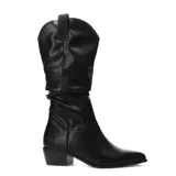 Botas de caña alta estilo slouchy en color negro, confeccionadas en material sintético con acabado liso. Presentan una puntera fina y un taco cuadrado de altura media.