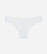 Bombacha de bikini color beige con encaje floral y moño decorativo.