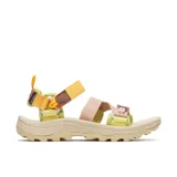 Sandalia deportiva Merrell modelo Speed Fusion Sport, con diseño ergonómico y correas ajustables de velcro. Presenta una combinación de colores en tonos pastel, incluyendo amarillo, verde claro y rosa, con suela de goma adherente diseñada para tracción y comodidad.