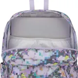 Mochila JanSport Superbreak Plus con estampado de flores pixeladas en tonos pastel y logo de la marca en color lila.
