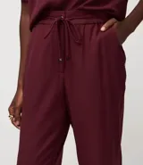 Pantalón de vestir femenino color marrón oscuro, de corte fluido y tiro medio/alto, con cintura elástica ajustable mediante cordón. Presenta bolsillos laterales y cierre frontal.