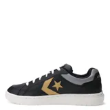 Championes Converse Pro Blaze V2 Luxe Sport, color negro con detalles en dorado y gris. Confeccionados en cuero sintético, con estrella Chevron de cuero y amortiguación de espuma con memoria.