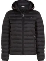 Campera acolchada negra Tommy Hilfiger con capucha, cierre de cremallera, dos bolsillos laterales con cremallera y logo bordado en el pecho.