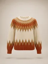 Buzo de lana merino con diseño de inspiración nórdica y cuello redondo. Presenta un patrón geométrico en tonos crudo, camel y terracota, con puños y ruedo acanalados.