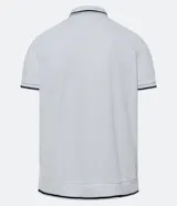 Polo de hombre marca Marfinno, confeccionada en tejido de media malla con textura rayada. Presenta cuello polo con botones y mangas cortas con terminaciones en rib con detalles contrastantes.