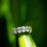 Anillo plateado de acero con cristales ovalados engarzados en todo el contorno.