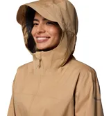Campera impermeable Columbia con tecnología Omni-Tech y costuras selladas. Presenta capucha con visera, cierre frontal bidireccional, cintura ajustable con cordón, bolsillos laterales con cierre y puños ajustables.