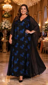 Vestido largo de encaje negro con bordados de flores en color azul brillante y detalles de pedrería. Presenta escote en V, corte recto y una capa de gasa incorporada que nace desde los hombros, aportando movimiento y elegancia.