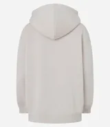 Buzo oversized color beige con capucha ajustable y bolsillo canguro. Presenta un estampado frontal estilo college con el texto "ROMA ITALY 1987" en negro y detalles en azul. Tiene puños y bajo ajustados.