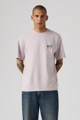 Remera de corte holgado estilo vintage de la marca Levi's, en color gris claro, con cuello redondo y mangas cortas. Presenta un pequeño estampado gráfico en el pecho con el logotipo de la marca y la inscripción "Music City".