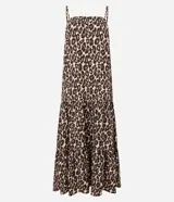 Vestido midi evasê sin mangas, con breteles finos, escote recto, lastex en la espalda y ruedo con recortes fruncidos. Estampado con animal print de leopardo.