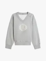 Buzo gris de felpa con cuello en V, corte amplio, puños y bajo de punto canalé. Cuenta con un logo bordado de estilo universitario en el pecho.