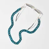 Correa para lentes con cadena de eslabones grandes color azul con detalles en blanco.