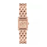 Reloj Michael Kors modelo Georgie, con caja cuadrada de acero color oro rosa y malla de eslabones del mismo material.