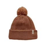 Gorro de lana marrón con textura tipo waffle y pompón en la parte superior. Tiene un parche con el logo de Rip Curl en el borde.