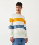 Suéter de punto de algodón con rayas horizontales en blanco, amarillo, azul y verde.