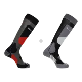 Pack de dos pares de medias largas Salomon S/Access, confeccionadas en mezcla de lana merino. Cuentan con refuerzos y zonas acolchadas para mayor calidez y comodidad en la nieve, con diseño en tonos grises, negros y detalles en rojo y blanco.