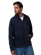 Campera con capucha Caterpillar color azul marino, con cierre frontal completo, bolsillos tipo canguro de entrada lateral y etiqueta con logo en el bajo.