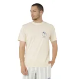 Remera de manga corta color beige, con cuello redondo y estampado pequeño en el pecho que incluye palmeras y el logo de la marca Rip Curl.
