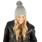 Gorro de lana gris con textura acanalada y pompón en la parte superior.