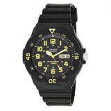 Reloj análogo Casio deportivo con caja y correa de resina negra. Esfera negra con números e índices en color dorado, manecillas doradas y visor de día/fecha. Bisel giratorio unidireccional negro con marcadores de minutos.