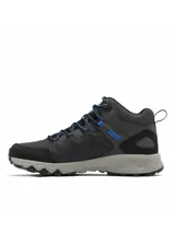 Botas de senderismo de media caña Columbia Peakfreak II Mid OutDry, color gris con detalles en azul y suela gris clara. Parte superior de malla sin costuras con membrana impermeable y transpirable, sistema de ajuste Navic Fit y suela con tecnología Adapt Trax para tracción en terrenos secos o mojados.