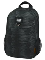 Mochila Caterpillar modelo Benson Backpack de color negro con patrón geométrico texturizado, bolsillos laterales de red y el logo de la marca en el frente.