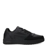 Championes urbanos de estilo retro, color negro, con diseño de paneles en cuero sintético y gamuza. Presentan perforaciones en la puntera para mayor ventilación, cordones al tono y suela de goma resistente.